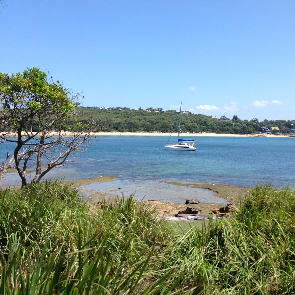 Jibbon Beach, Port Hacking: 4 pink courtesy mooring balls.  Easy beach landing, beautiful white sand, hiked in the bush up a questionable trail and then a hike along the coast to,see Aboriginal carvings.  Good information at carving sites.